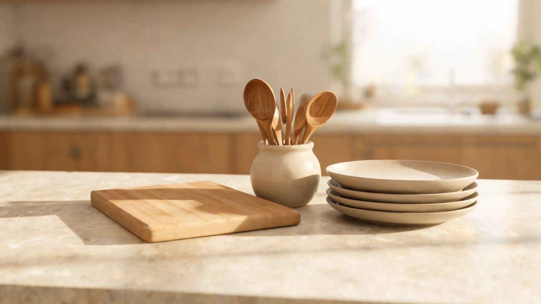 Kitchen bench with a cutting board, a crock of spoons and stacked plates